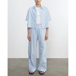 ENZA COSTA Poplin Resort Pants Women XS Light Blue White Stripe Wide Leg Luxury